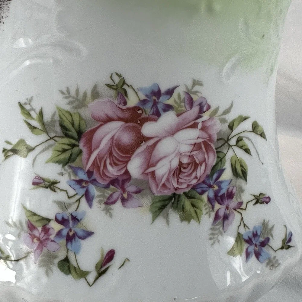 Antique Victorian Porcelain Biscuit Jar - Pink Roses & Violets - Green Ombre